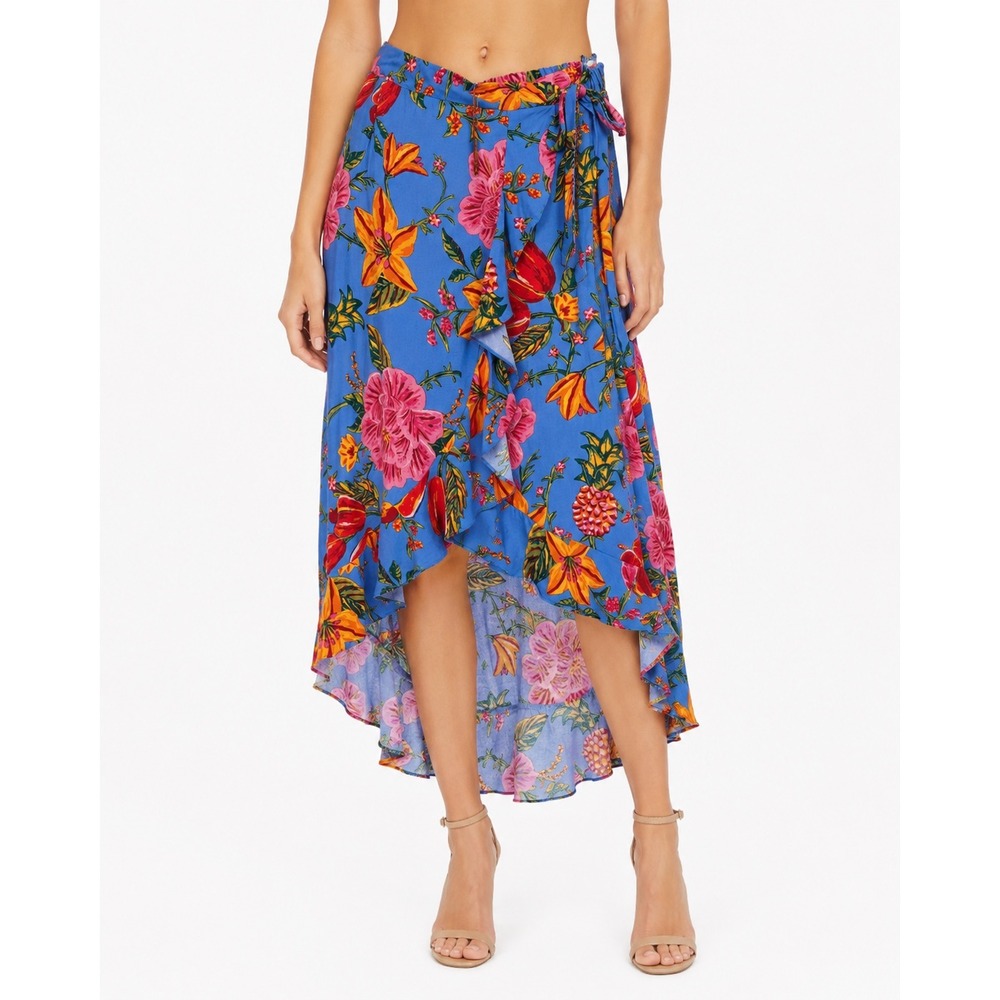 Cynthia Rowley Blue Floral High-Low Wrap Midi Skirt Tropical Ruffle Small NWT